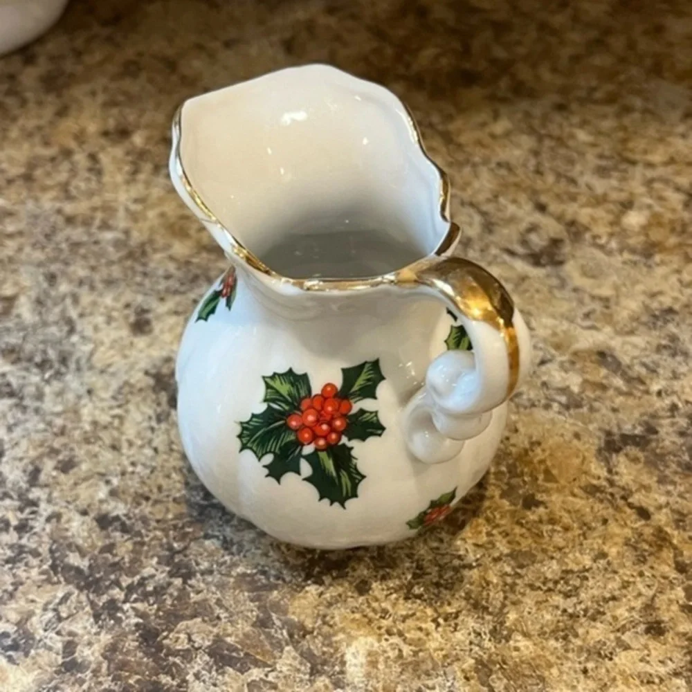 Vintage Lefton China Creamer Mini Pitcher with Hand Painted Holly Berry Design
